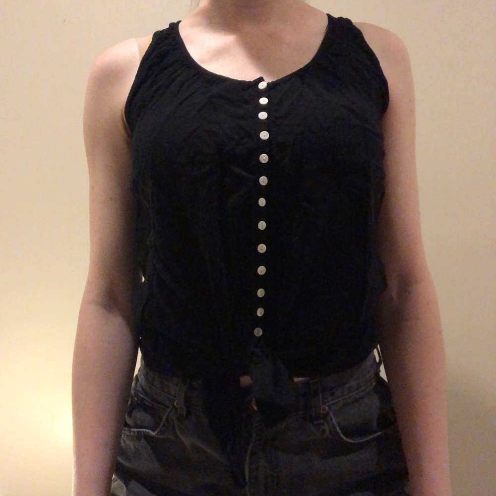 Lightweight Black Tank Top with White Button Line, Loose Tie Bottom Cut